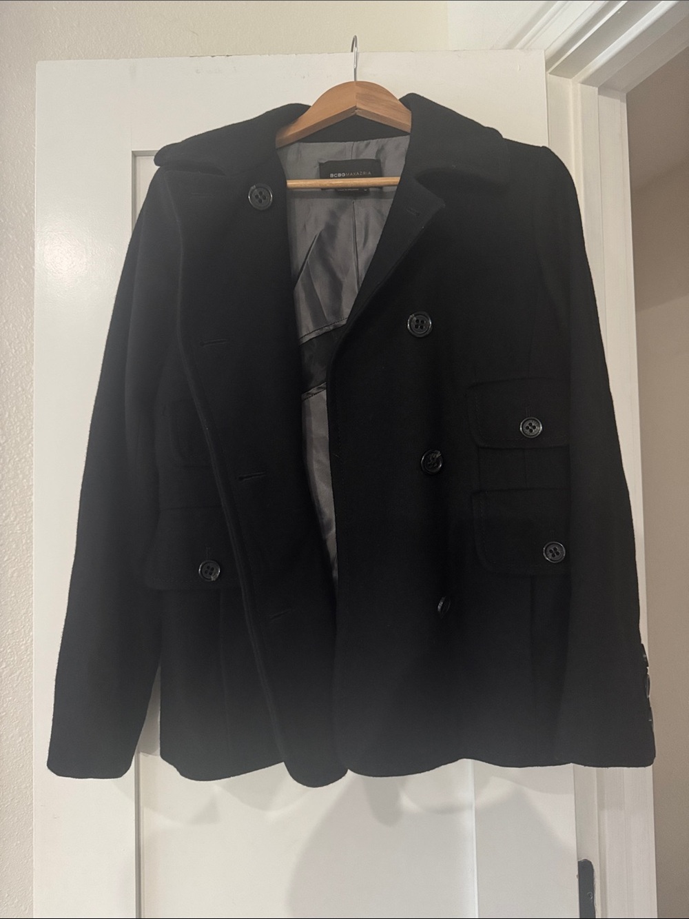 BCBGMaxAzria Black Double-Breasted Pea Coat